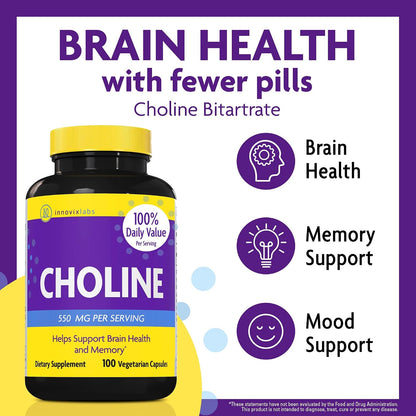 InnovixLabs Choline & Mood Probiotic Bundle Choline Bitartrate 550mg (100 Capsules) Mood Probiotic (60 Capsules). Supports Memory, Mood, Brain Health & Boost Cognitive.*