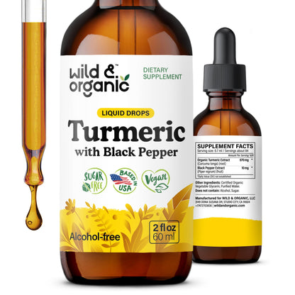 Wild & Organic Turmeric Supplement Liquid Drops - Movement & Immune Support - Liquid Turmeric with Black Pepper Extract - Add to Tea Tincture - Curcumin Supplements - Sugar & Alcohol-Free - 4 fl oz