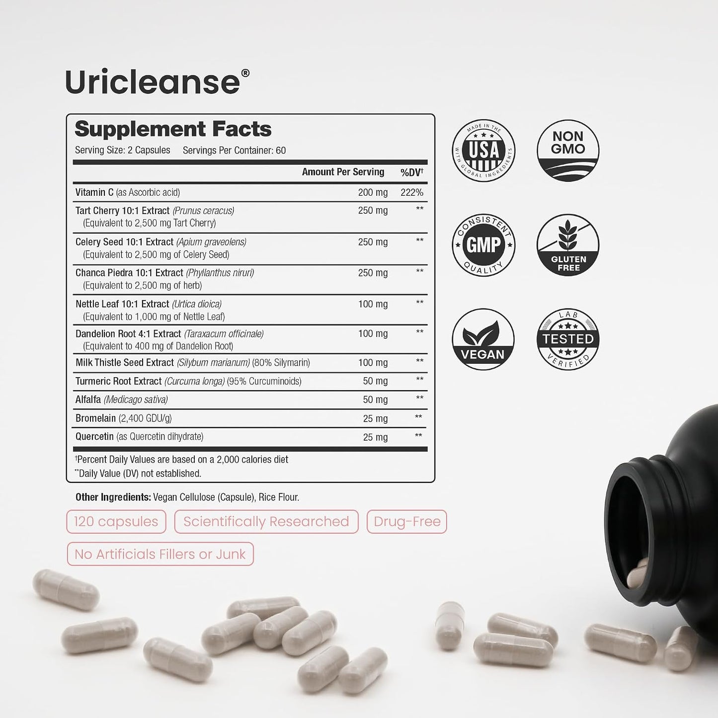 Uric Acid Cleanse & Gout Support – Tart Cherry, Celery Seed, Chanca Piedra, Milk Thistle & Turmeric for Kidney Detox, Joint Comfort & Uric Acid Balance – 11-in-1 Natural Formula - 120 Count