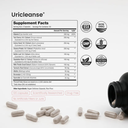 Uric Acid Cleanse & Gout Support – Tart Cherry, Celery Seed, Chanca Piedra, Milk Thistle & Turmeric for Kidney Detox, Joint Comfort & Uric Acid Balance – 11-in-1 Natural Formula - 120 Count