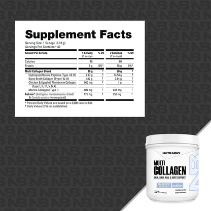 NutraBio Multi Collagen Powder - Hydrolyzed Collagen Peptides for Glowing Hair & Skin - Grass-Fed - Collagen Powder for Women and Men - 40 Servings- Unflavored