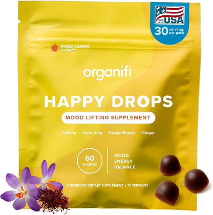 Organifi Happy Drops - Daily Superfood Happy Gummies for Adults - Mood Support Supplement for Balance, Bliss, Energy and Taking the Edge Off - Sweet Lemon Flavor - 60 Gummies