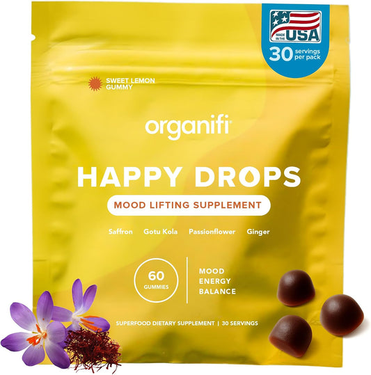 Organifi Happy Drops - Daily Superfood Happy Gummies for Adults - Mood Support Supplement for Balance, Bliss, Energy and Taking the Edge Off - Sweet Lemon Flavor - 60 Gummies