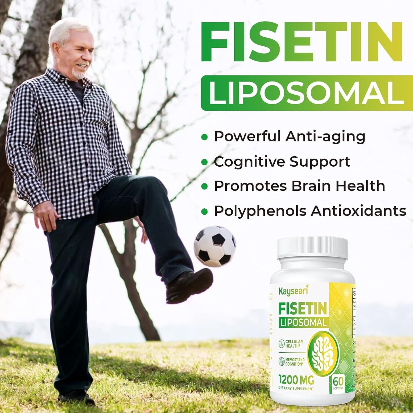 Fisetin 1200mg Liposomal Fisetin Supplements 98% Pure Fisetin Polyphenols Antioxidants Immunity Health Aging Cognitive Support Non-GMO 120 Capsules