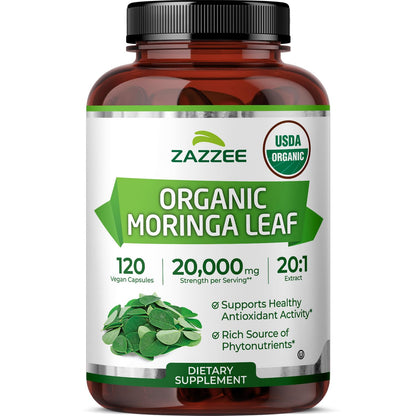 Zazzee USDA Organic Moringa Leaf 20:1 Extract, 180 Vegan Capsules, 3 Month Supply, Certified Kosher, Moringa Oleifera, Antioxidant, Immune & Cellular Support, Superfood Supplement, Made in the USA
