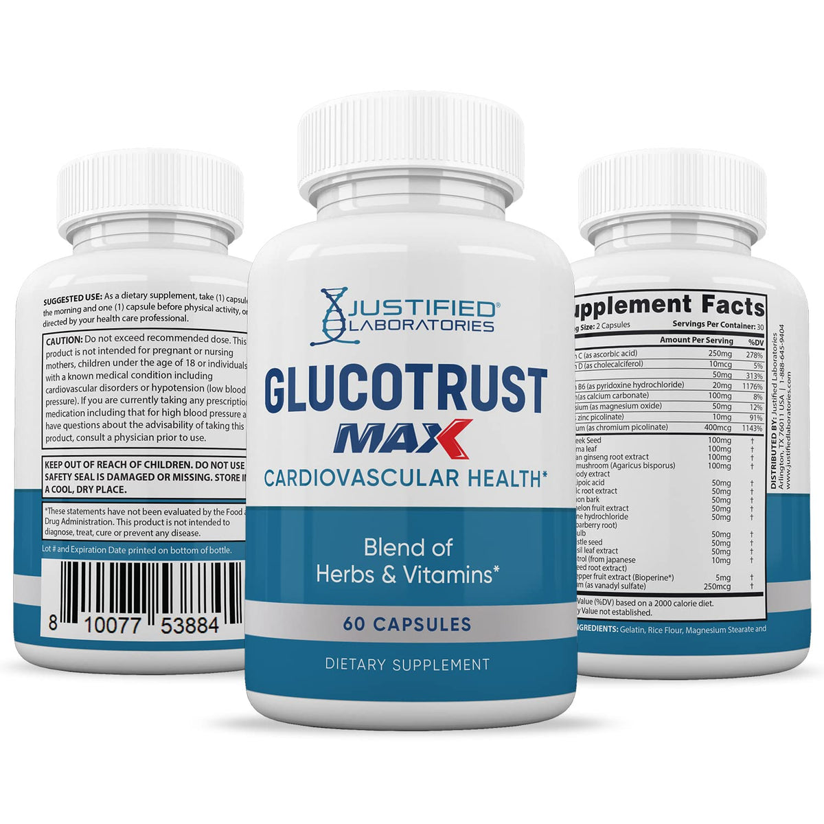 Justified Laboratories (5 Pack) Glucotrust Max 1295MG Formula Supplement Pills 300 cap