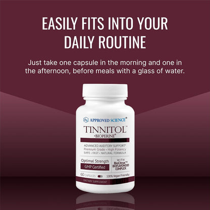 Approved Science Tinnitol - Tinnitus Support Supplement - Ease Ringing in The Ears - Boost Inner Ear Health - 60 Capsules - Made in The USA