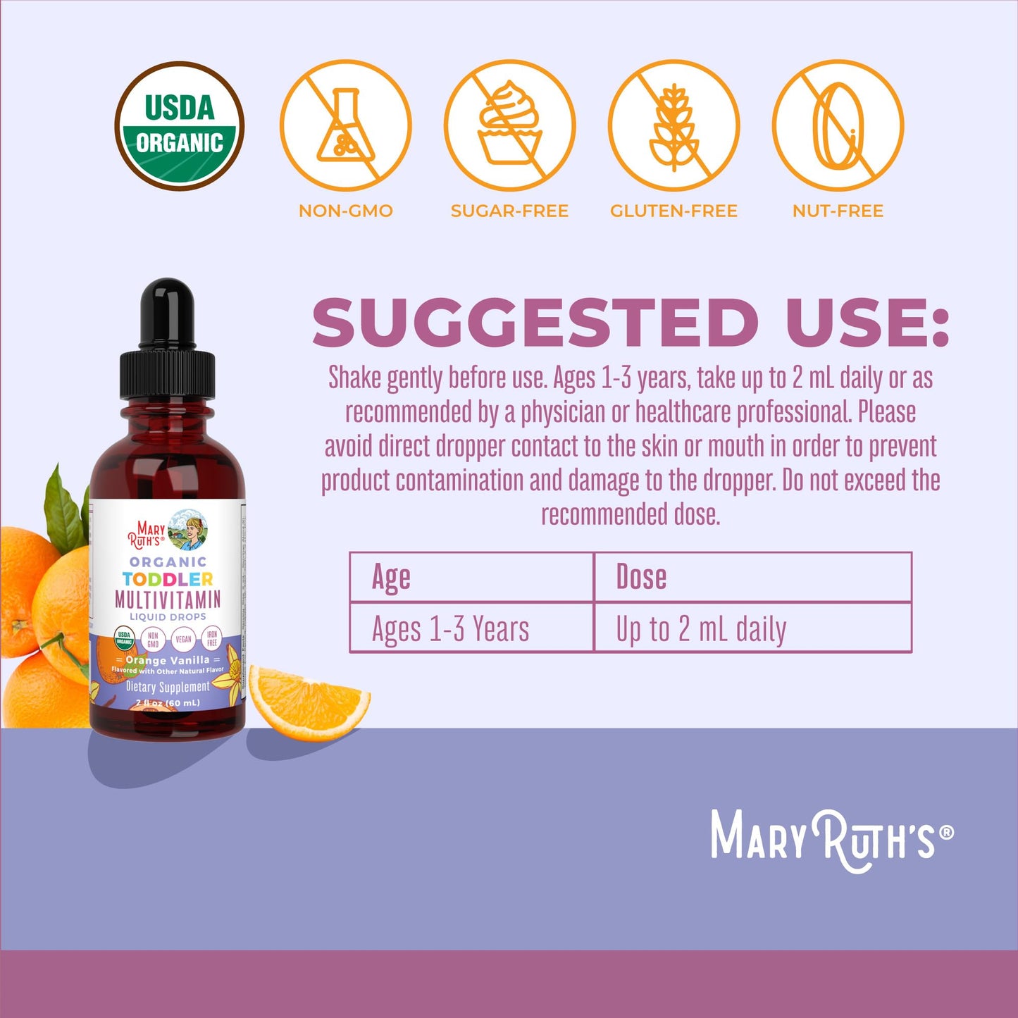 MARYRUTH'S Organics Multivitamin & Multimineral with Iron for Toddlers | USDA Organic | Sugar Free | Multivitamin Liquid Drops for Kids Ages 1-3 | Immune Support | Vegan | Non-GMO | 2 Fl Oz