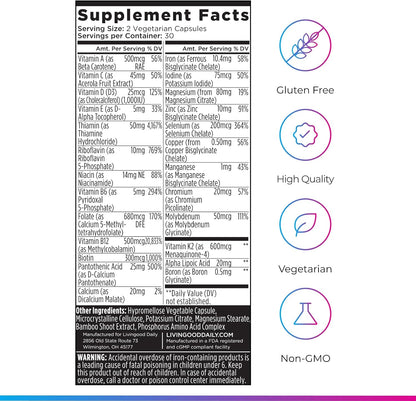 Livingood Daily Methylated Multivitamin for Women and Men, Multi Vitamin Supplement with Alpha Lipoic Acid, B Vitamins, Iron, Zinc and Selenium, Energy, Metabolism and Immune Support, 60 Capsules