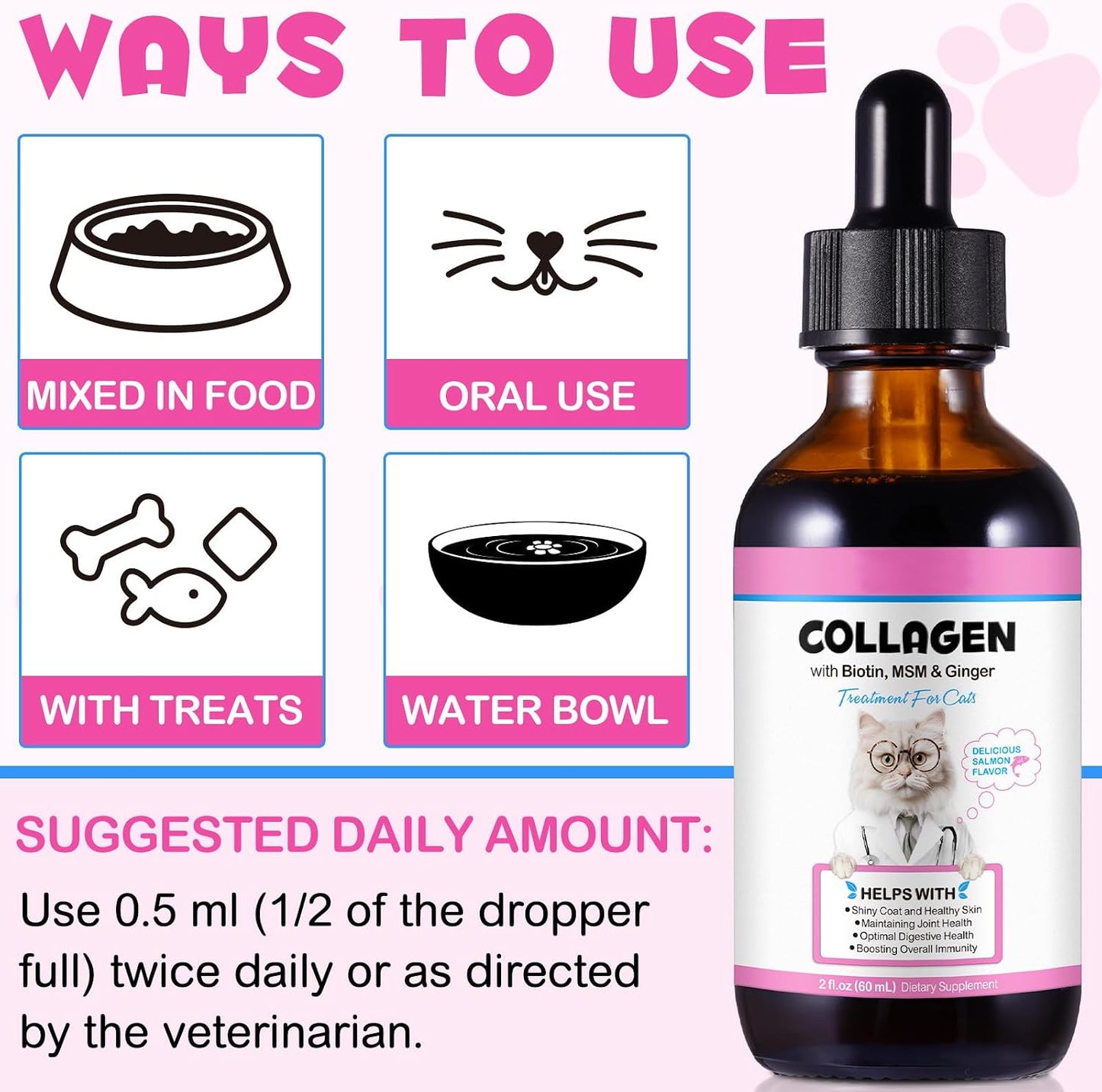 Liquid Collagen for Cats, Cats Collagen Liquid Drops with Biotin, MSM & Ginger Immunity Support, Itch Relief, Skin & Coat and Joint Health Supplement for Cat 60ml