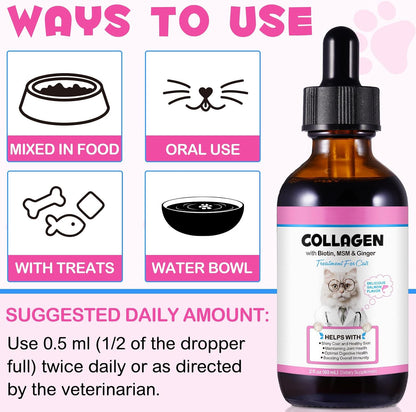 Liquid Collagen for Cats, Cats Collagen Liquid Drops with Biotin, MSM & Ginger Immunity Support, Itch Relief, Skin & Coat and Joint Health Supplement for Cat 60ml
