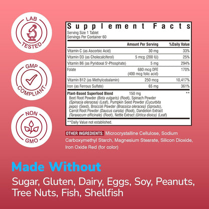 Vitalibre Iron Supplement for Women & Men, 65 mg, Ferrous Sulfate, Vitamin C, D3, B6, B12, Folate, Beet Root, Spinach, Pumpkin Seeds, Nettle, for Red Blood Cell & Energy Production, 60 Tablets