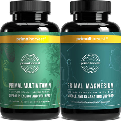 Primal Harvest Multivitamin & Magnesium Supplements for Women and Men Multi Vitamin Capsules and Magnesium Glycinate Pills Bundle