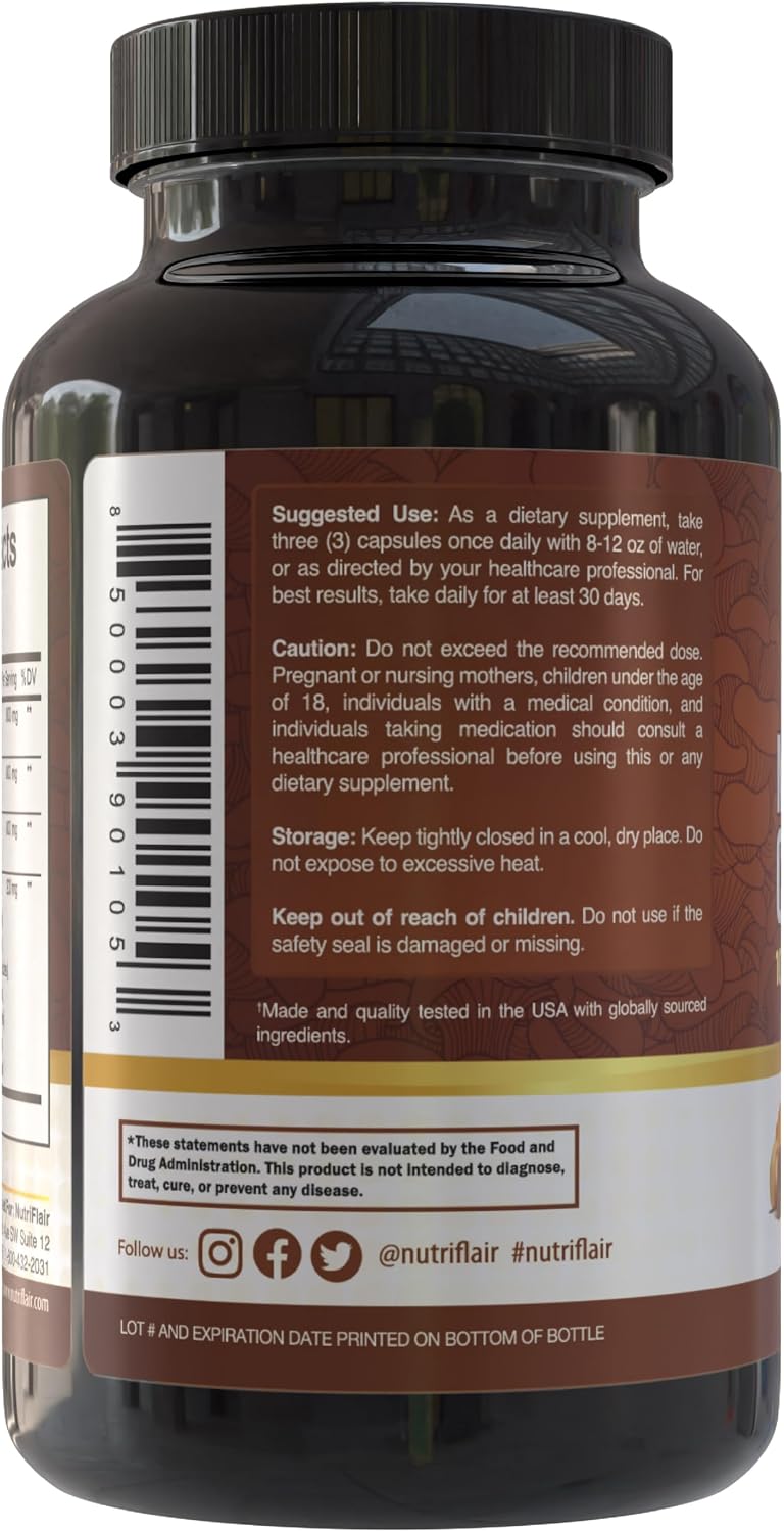 NutriFlair Mushroom Supplement 2600mg, 90 Capsules - 10 Mushrooms Blend - Reishi, Lions Mane, Cordyceps, Chaga, Turkey Tail, Maitake, Shiitake, Oyster Nootropic Formula - Brain, Energy, Focus Pills