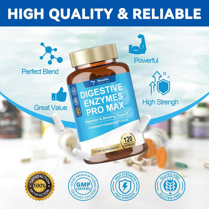 Digestive Enzymes Pro Max 1000mg, 25-in-1 with Apple Cider Vinegar, Probiotics, Prebiotics, Postbiotics, Bromelain, Papain, Lactase, Gentian, Artichoke, Ginger for Digestion, Bloating & Gut, 120 Caps