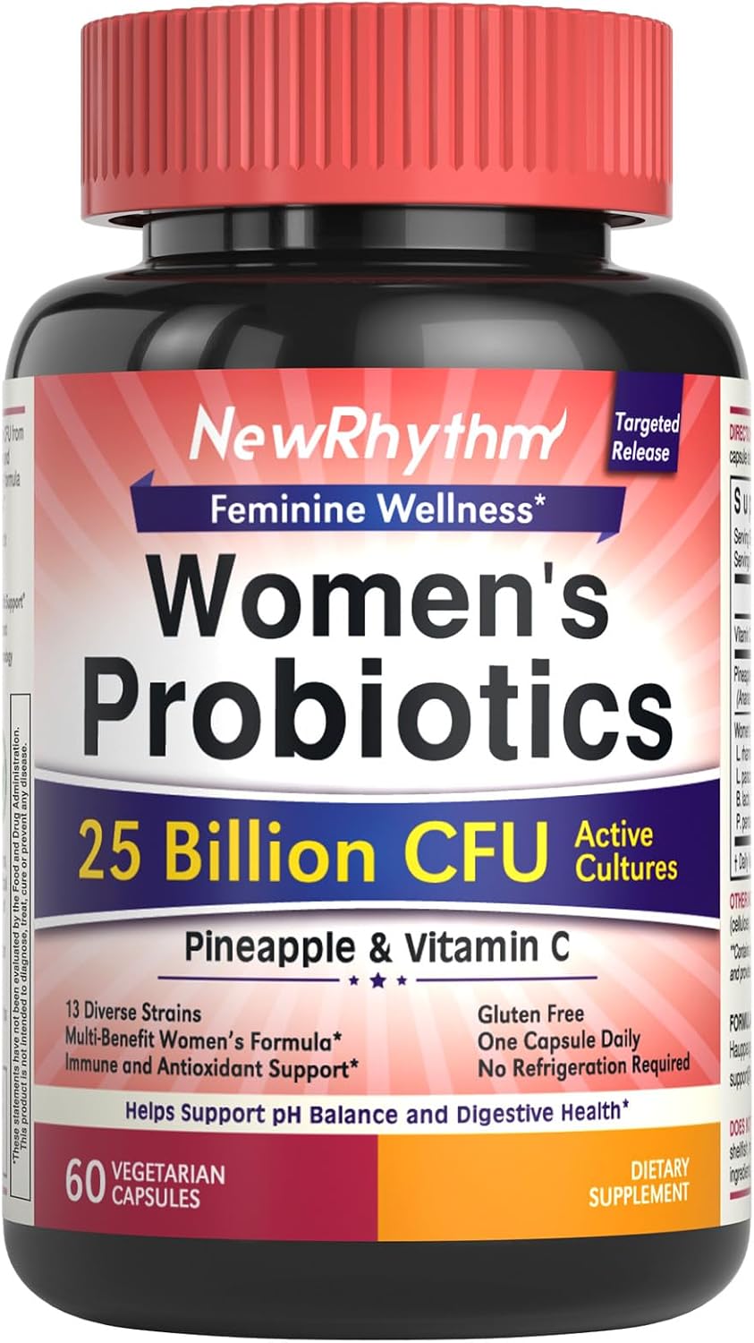 NewRhythm Vaginal Probiotics for Women, with Pineapple Powder, Vitamin C, Natural Vaginal PH Balance, Immune Support & Digestive Health, Vegan, 60 Capsules