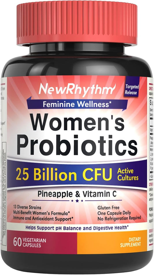 NewRhythm Vaginal Probiotics for Women, with Pineapple Powder, Vitamin C, Natural Vaginal PH Balance, Immune Support & Digestive Health, Vegan, 60 Capsules