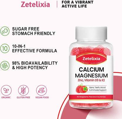 Calcium Magnesium Zinc Gummies with Vitamin D3 & K2, Calcium Gummies for Muscles, Women & Men, Raspberry Flavor - 60 Count