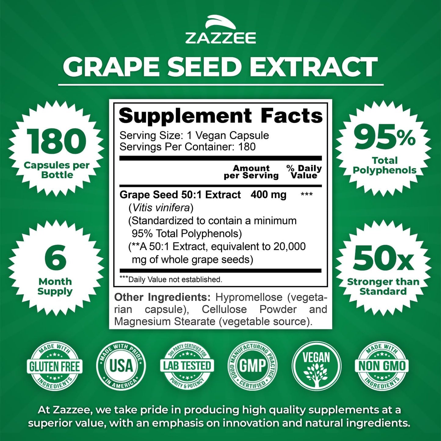Zazzee High Strength Grape Seed 50:1 Extract, 180 Vegan Capsules, 95% Polyphenols, 400 mg per Capsule, 6 Month Supply, Antioxidant, Circulation & Blood Flow Support, Non-GMO, Made in the USA