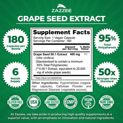 Zazzee High Strength Grape Seed 50:1 Extract, 180 Vegan Capsules, 95% Polyphenols, 400 mg per Capsule, 6 Month Supply, Antioxidant, Circulation & Blood Flow Support, Non-GMO, Made in the USA