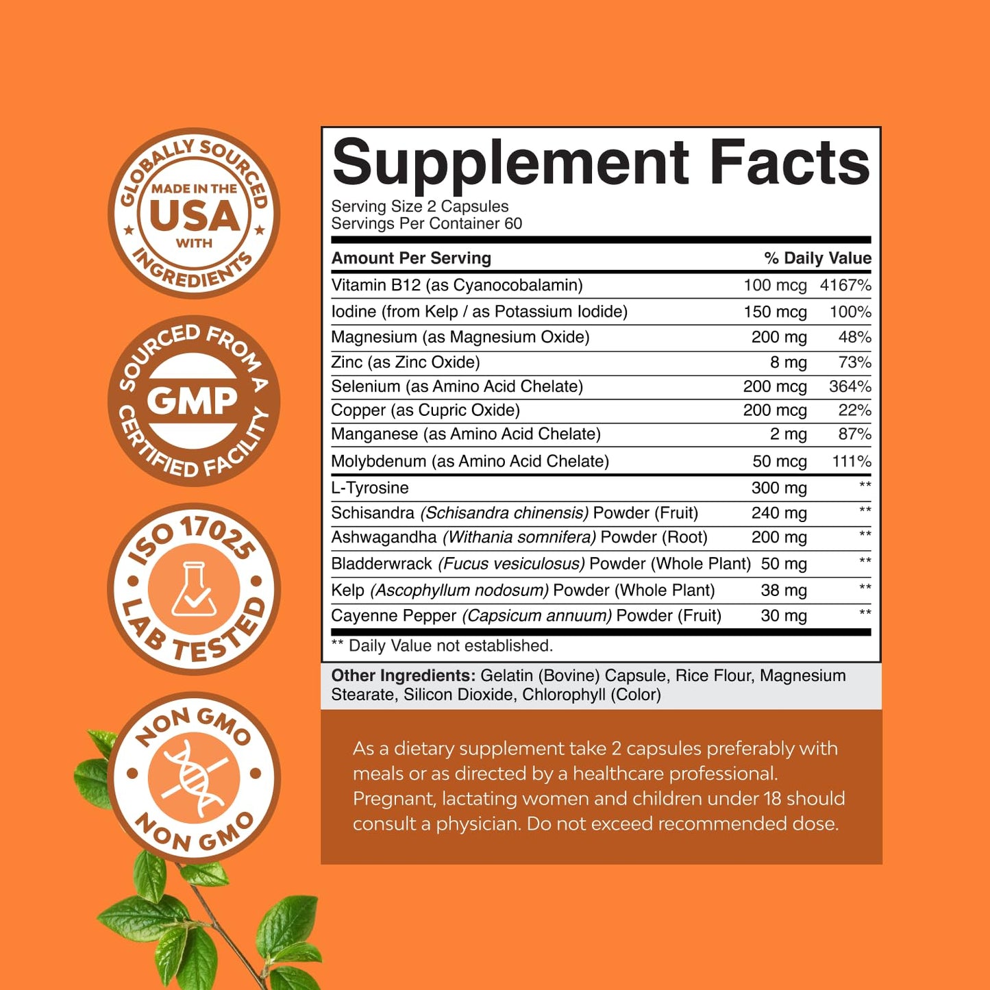 Natures Craft Herbal Thyroid Support Complex - Potent Kelp Iodine Supplement with L Tyrosine, Bladderwrack, Selenium & Ashwagandha for Hormone Balance - Mood & Energy Dietary Pills - 60 Count