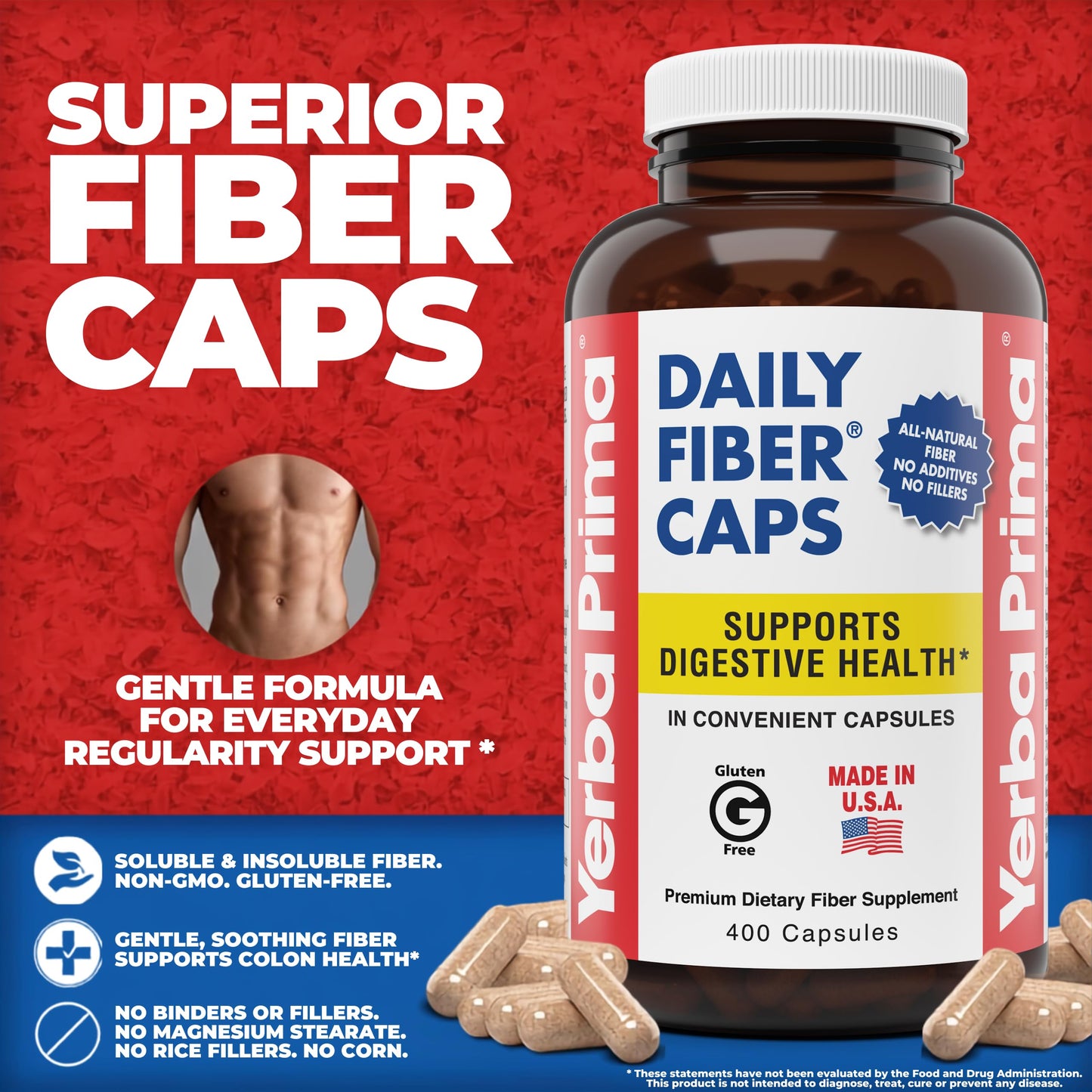 Yerba Prima Daily Fiber Caps Formula, 400 Capsules - Both Soluble and Insoluble - with Psyllium Seed Husks, Acacia Gum, Apple Fiber and More - Dietary Supplement