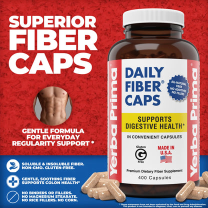 Yerba Prima Daily Fiber Caps Formula, 400 Capsules - Both Soluble and Insoluble - with Psyllium Seed Husks, Acacia Gum, Apple Fiber and More - Dietary Supplement