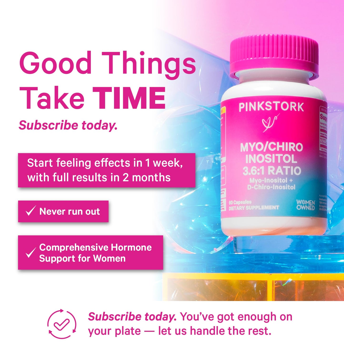 Pink Stork Myo-Inositol & D-Chiro Inositol: 3.6:1 Blend to Support Fertility, Hormone Balance for Women - Ovarian Function, Ovulation, Conception, and Period Support Supplement - 60 Capsules