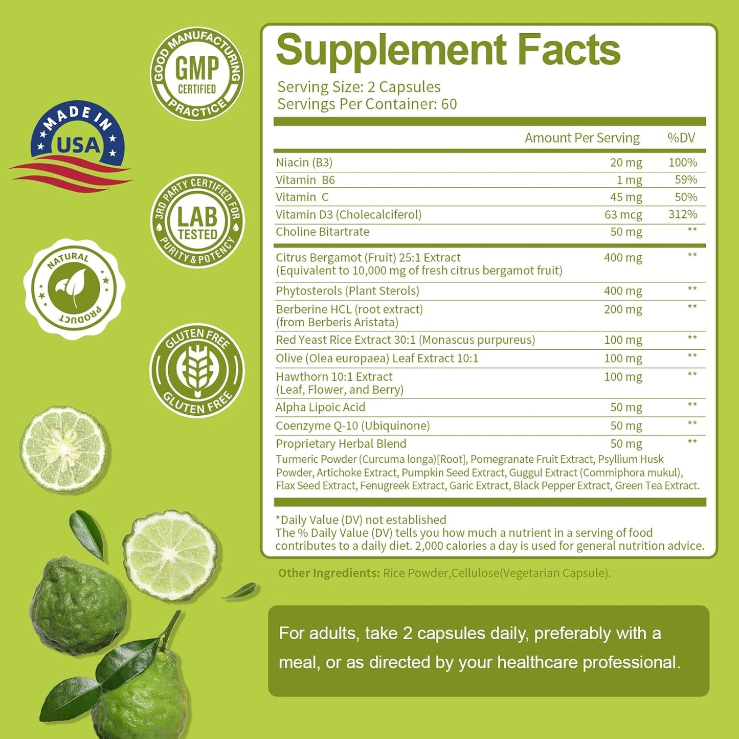Citrus Bergamot Supplement for High Cholesterol - Italian Citrus Bergamot & Plant Sterols Stanols Natural Way to Balance Cholesterol Level, Vegan, Non-GMO, 120 Counts
