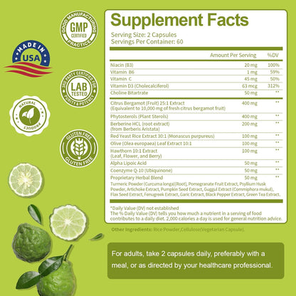 Citrus Bergamot Supplement for High Cholesterol - Italian Citrus Bergamot & Plant Sterols Stanols Natural Way to Balance Cholesterol Level, Vegan, Non-GMO, 120 Counts