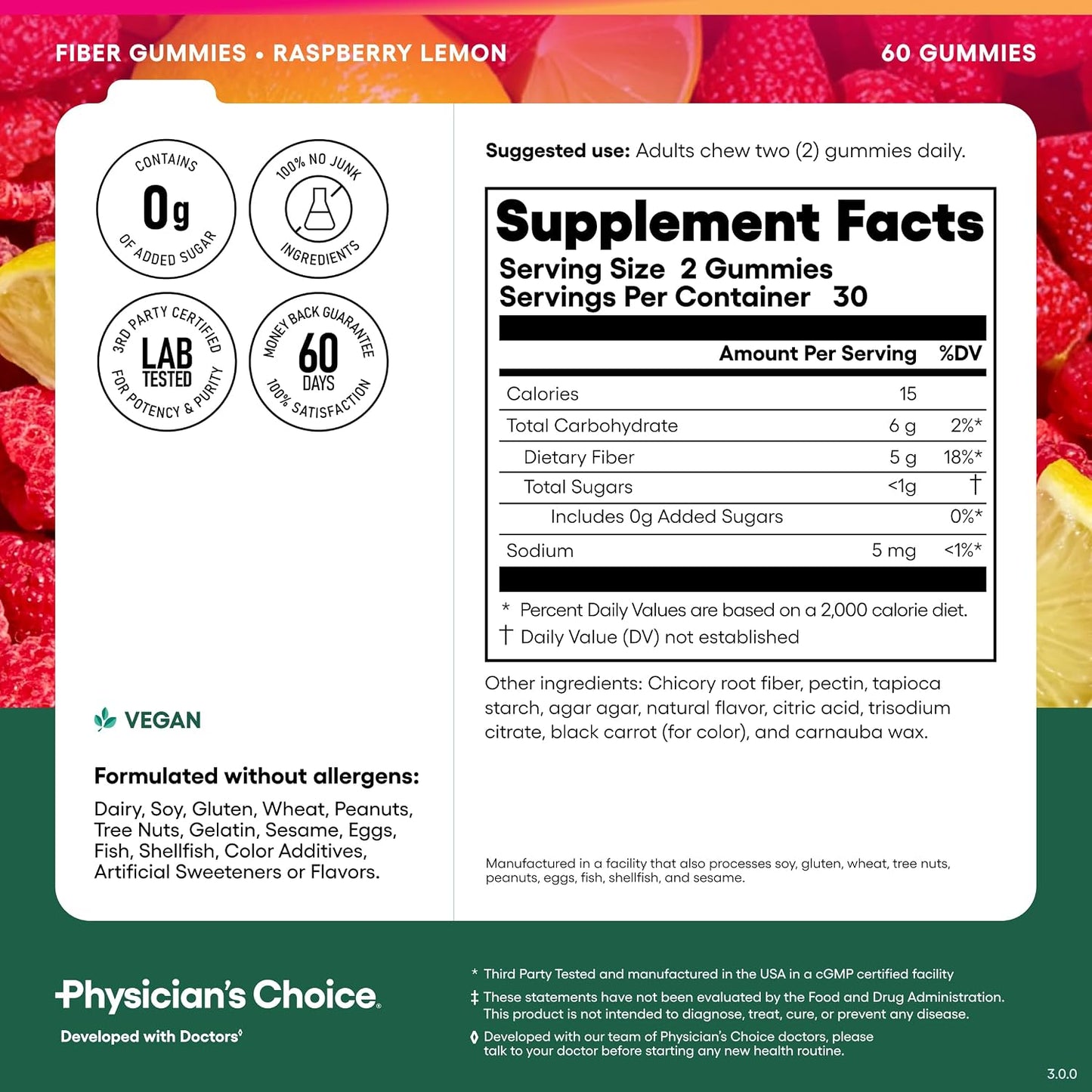 Physician's CHOICE Fiber Gummies for GLP-1 Support - No Sugar Added & Vegan - Raspberry Lemon - Natural Chicory Root Prebiotic Fiber Gummy - Digestive Health & Regularity for Women & Men - 60CT