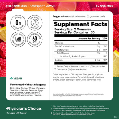 Physician's CHOICE Fiber Gummies for GLP-1 Support - No Sugar Added & Vegan - Raspberry Lemon - Natural Chicory Root Prebiotic Fiber Gummy - Digestive Health & Regularity for Women & Men - 60CT