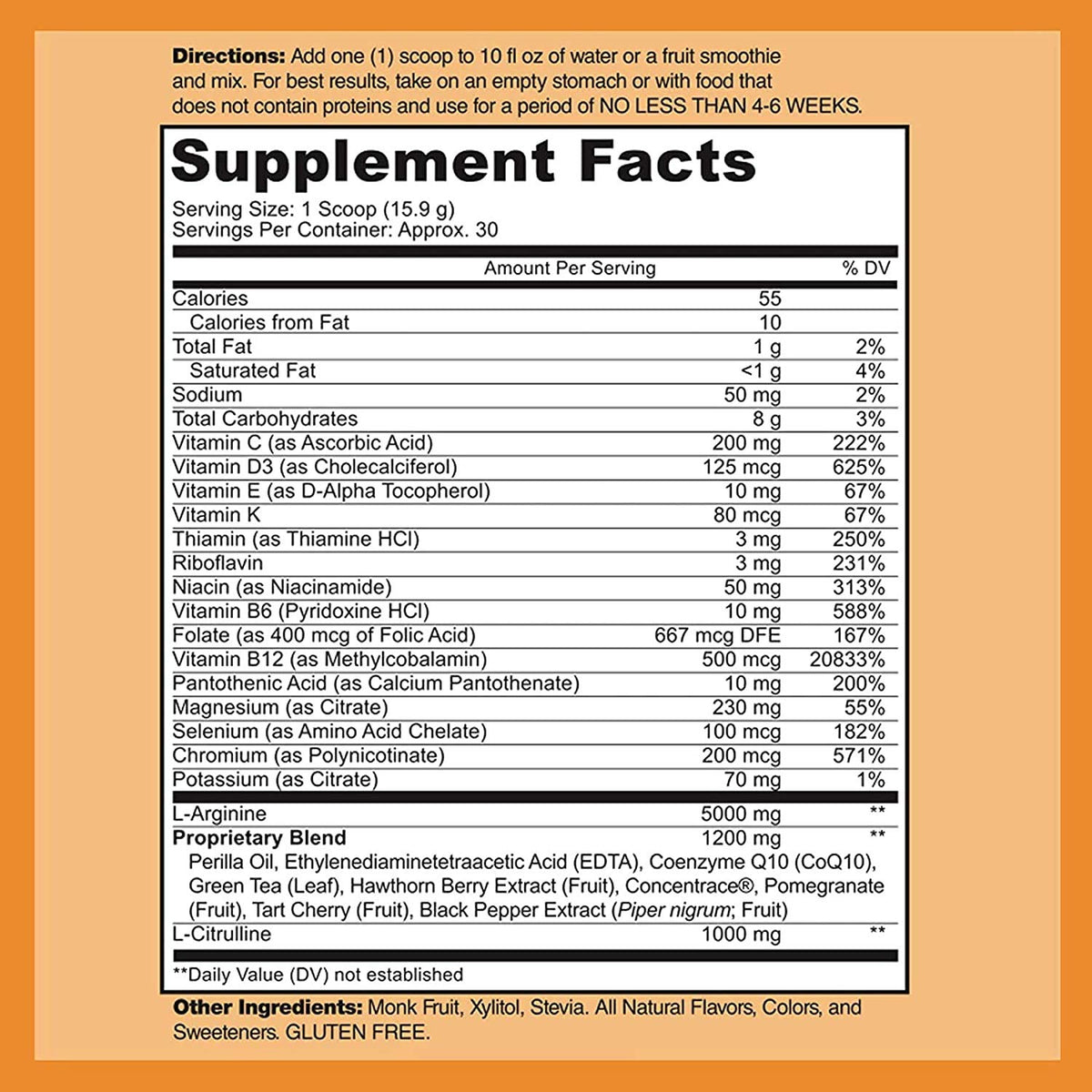 Cardio Heart Health Powder – L-Arginine Supplement 5000mg & L-Citrulline 1000mg,16.82 oz