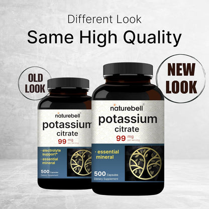 NatureBell Potassium Citrate 99mg, 500 Capsules - Chelated Mineral Supplements - Non-GMO, Gluten Free