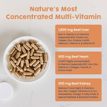 NativePath Beef Organ Complex, Liver Heart Kidney, 180 Count | Grass-Fed, Freeze-Dried, Rich In Vitamin A, B12, Iron & Choline, New Zealand Sourced, Daily Energy