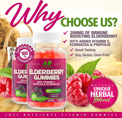 Elderberry 200mg Gummies with Vitamin C, Echinacea, Propolis (100 count) | Immune Support for Adults & Kids - Maximum Strength, Great Tasting Raspberry Flavor - Gluten-Free, Vegan