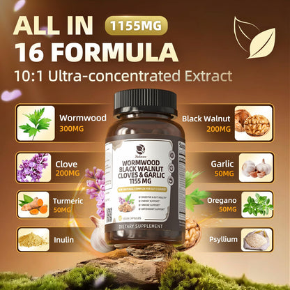 16-in-1 Wormwood Black Walnut Clove Cleanse - Gentle Gut Health | with Pumpkin Seeds Garlic Oregano Turmeric - Natural Digestive & Intestinal Health - Liposomal Tech 98% Absorption 1150mg