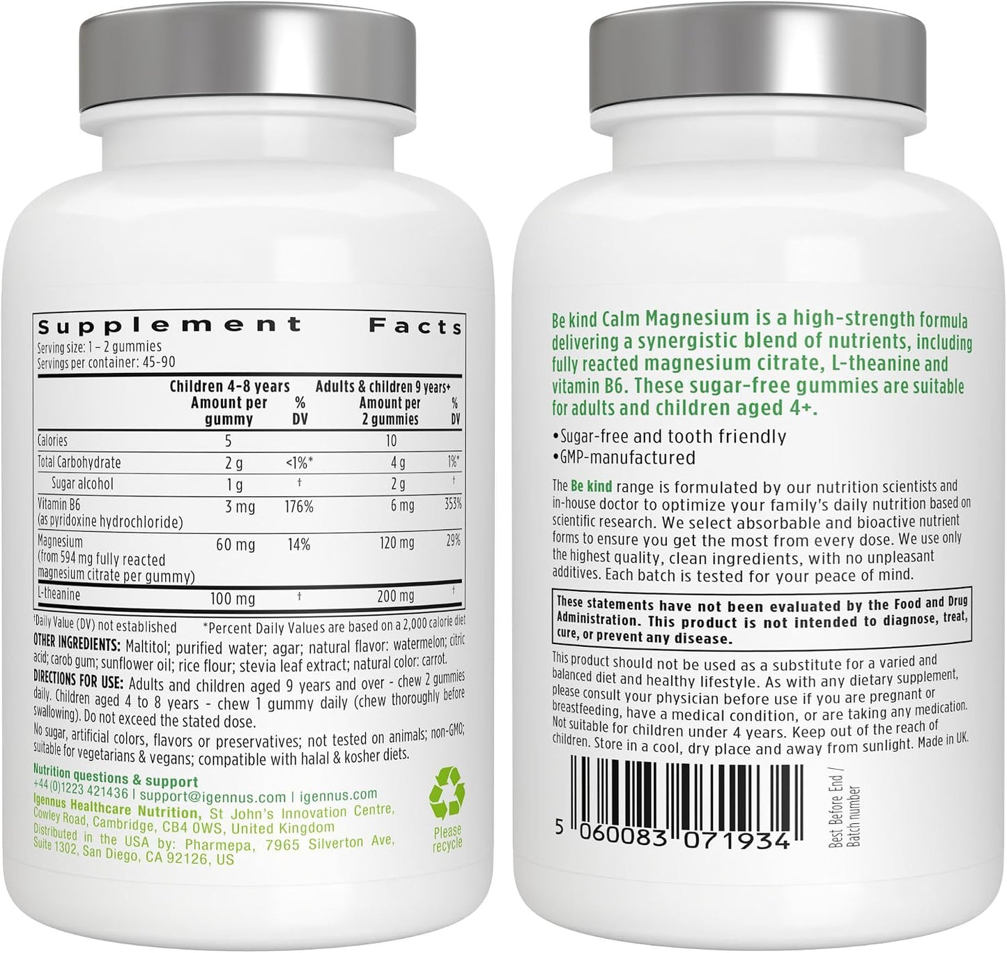 Igennus High Absorption Magnesium Citrate Gummies with L-Theanine & B6, Calm & Nervous System Support for Adults & Kids, Sugar-Free, Clean Ingredients & Vegan, Watermelon Flavor, 45-90 Servings