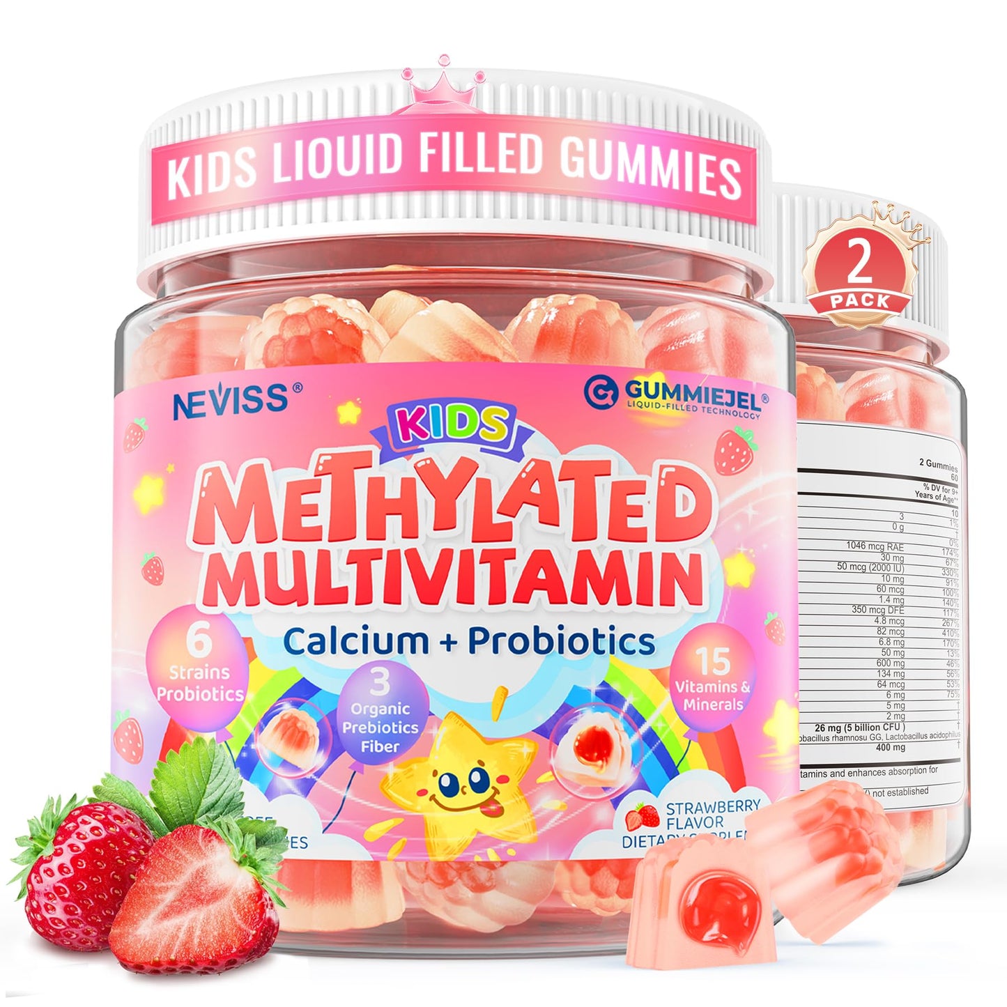 Kids Multivitamin Gummies + Calcium, Probiotics, Vitamin D3, C, Methylated B12 & Methylfolate, B6, A, K2, E, Zinc, Prebiotics for Children Ages 4+, Clean & Sugar Free, for Nutritional Support, 60 Cts