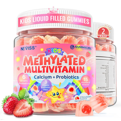 Kids Multivitamin Gummies + Calcium, Probiotics, Vitamin D3, C, Methylated B12 & Methylfolate, B6, A, K2, E, Zinc, Prebiotics for Children Ages 4+, Clean & Sugar Free, for Nutritional Support, 60 Cts