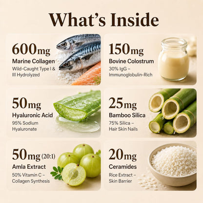 Marine Collagen Peptides Capsules, 120 Capsules with Bovine Colostrum, Hydrolyzed Type I & III Wild-Caught Formula, Hyaluronic Acid, Amla Vitamin C, Silica, Ceramides, BioPerine