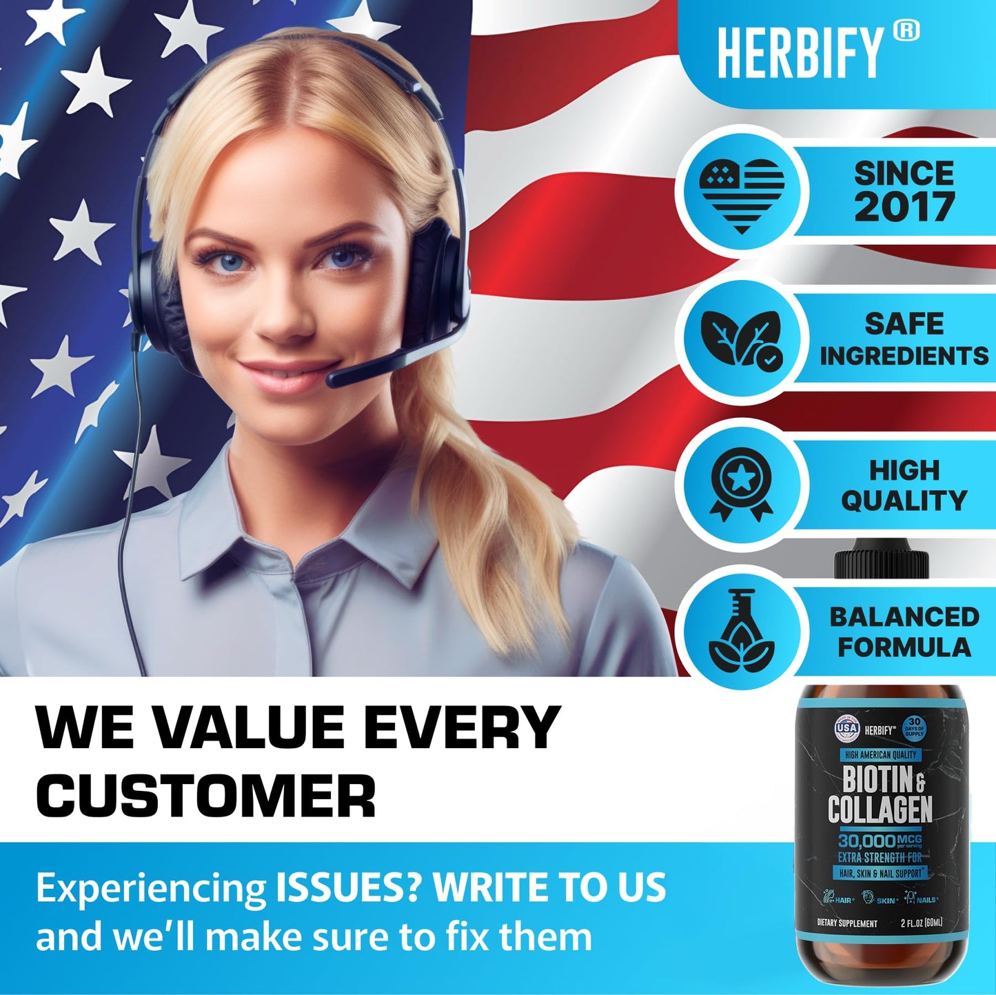 HERBIFY Liquid Biotin and Collagen Drops for Women & Men, 30 Days of Supply - Support Hair, Skin & Nails - Liquid Collagen for Women - 2 FL Oz Made in USA