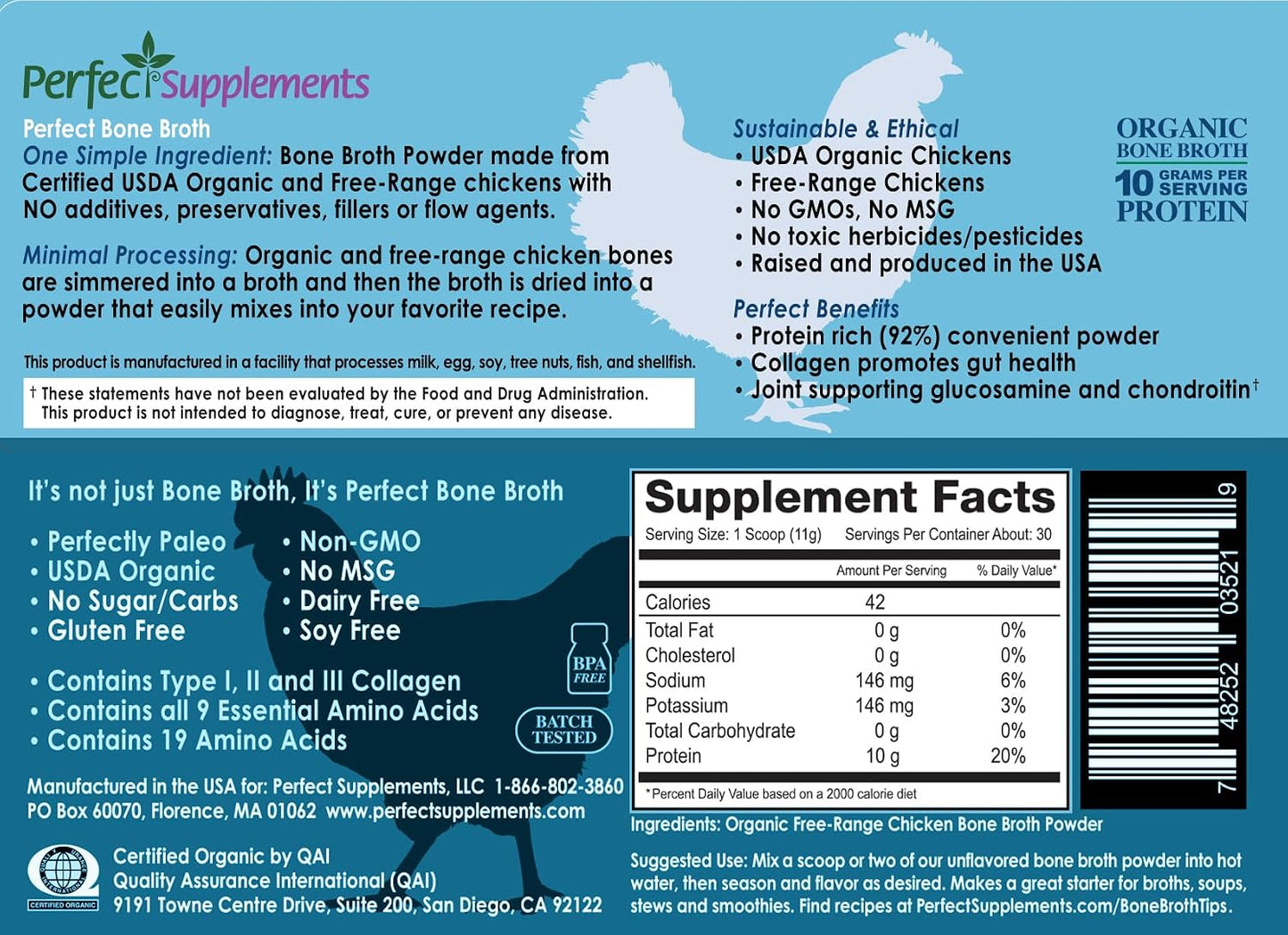 Perfect Organic Chicken Bone Broth Powder | Free Range Low Sodium Chicken Broth | Paleo & Keto Bone Broth Powder (330g) 30 Servings