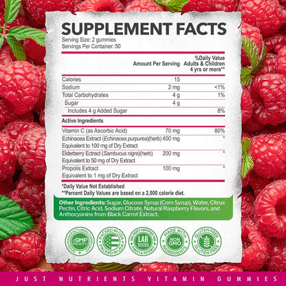 Elderberry 200mg Gummies with Vitamin C, Echinacea, Propolis (100 count) | Immune Support for Adults & Kids - Maximum Strength, Great Tasting Raspberry Flavor - Gluten-Free, Vegan