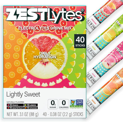 40 Sticks Low Sodium Sugar Free & 0 Calorie Electrolyte Hydration Packets | Lightly Sweet Electrolyte Powder Drink Mix, Liquid Daily IV Flavors Lemon Orange Peach Grapefruit
