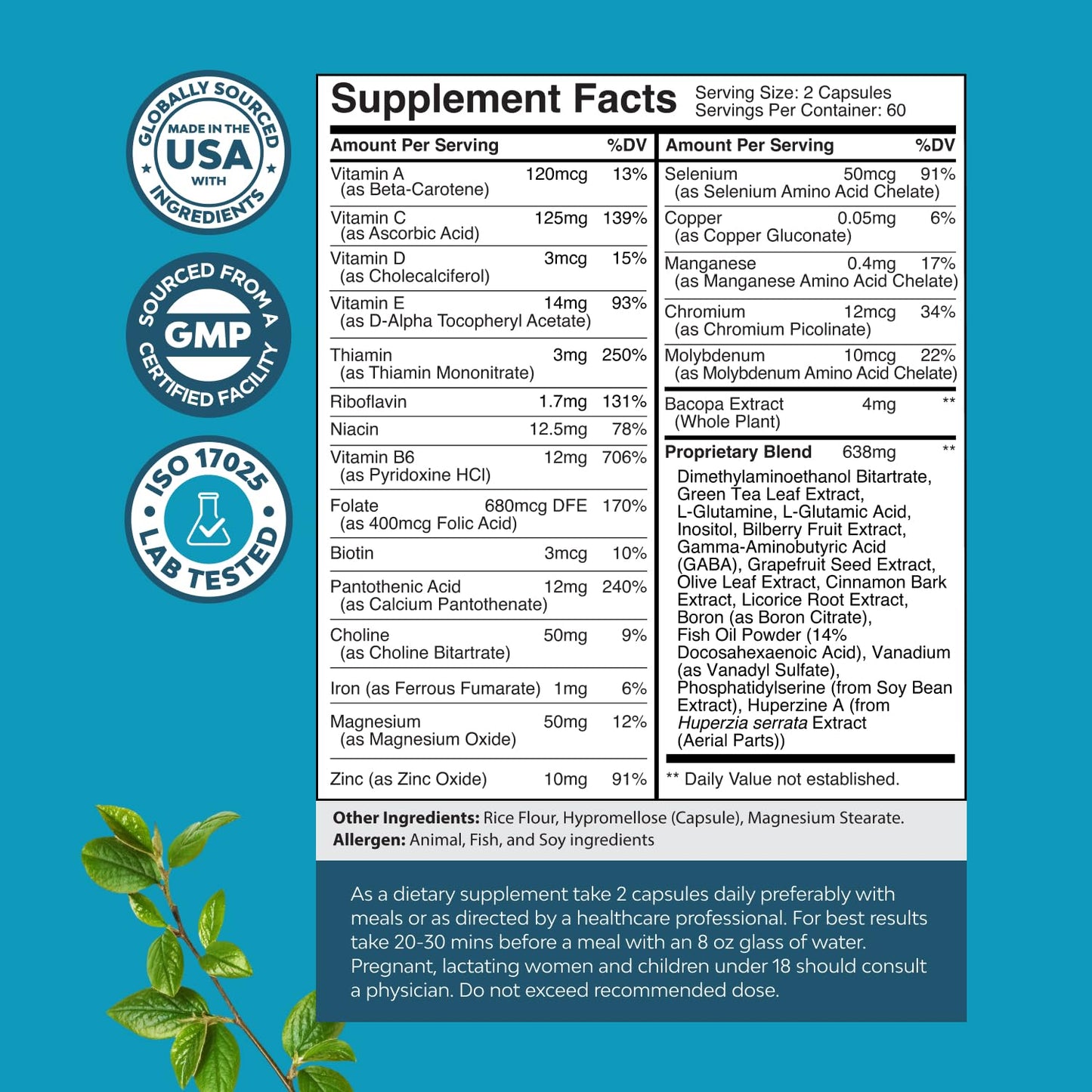 Nootropic Brain Supplement for Memory and Focus Support - Vitamins for Mental Support & Clarity with Bacopa Monnieri, VIT A, B6, Riboflavin, Niacin, Thiamin & Folate - Cognitive Complex - 60 Count