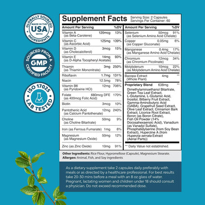 Nootropic Brain Supplement for Memory and Focus Support - Vitamins for Mental Support & Clarity with Bacopa Monnieri, VIT A, B6, Riboflavin, Niacin, Thiamin & Folate - Cognitive Complex - 60 Count
