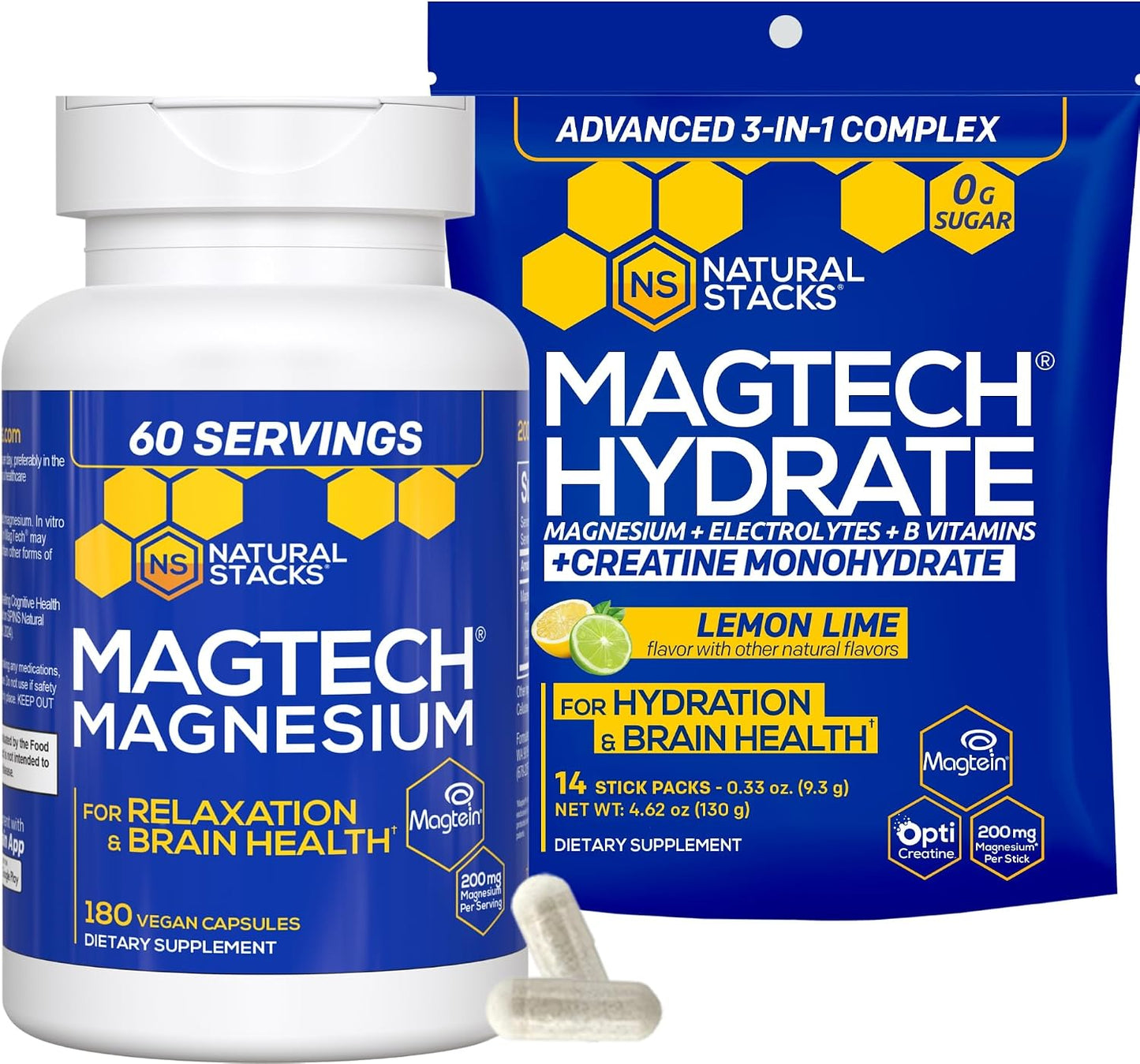 Magtech Magnesium Capsules + Hydration Creatine Powder Lemon Lime Bundle - 3 Forms of Magnesium - Featuring Magtein L-Threonate - Brain Health & Hydration Support* - 74 Total Servings