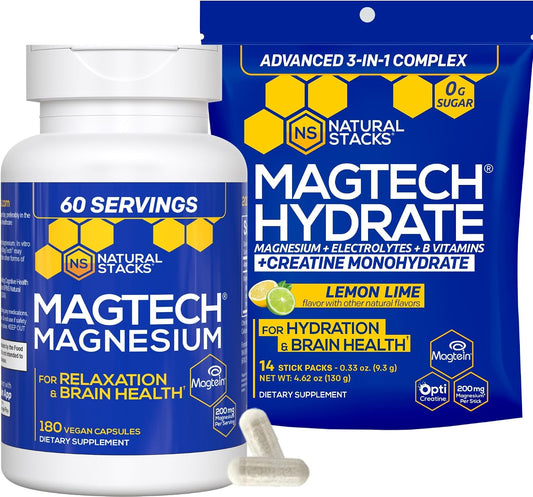 Magtech Magnesium Capsules + Hydration Creatine Powder Lemon Lime Bundle - 3 Forms of Magnesium - Featuring Magtein L-Threonate - Brain Health & Hydration Support* - 74 Total Servings