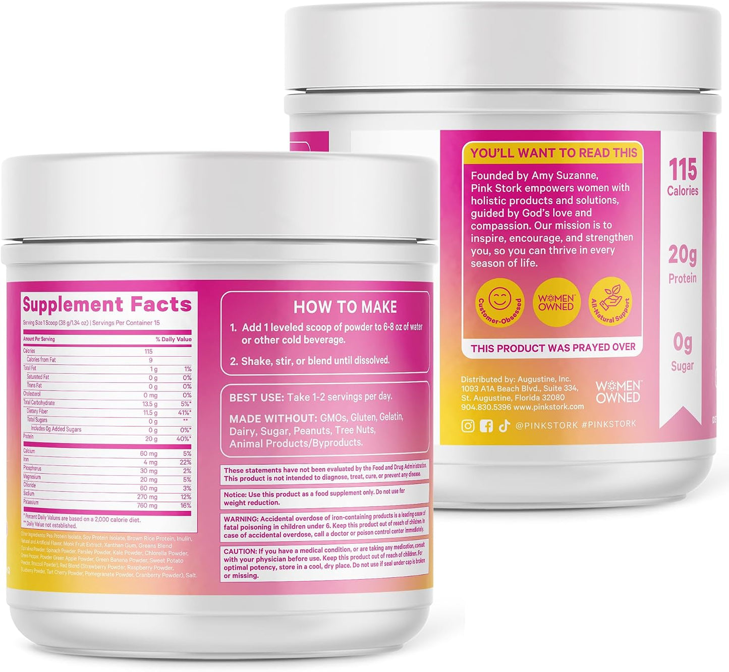 Pink Stork Protein Powder for Women, 20g Vanilla Plant-Based, 15 Scoops | With Fiber & Superfoods, Gluten Free, Dairy Free, Sugar Free, Pregnancy Friendly
